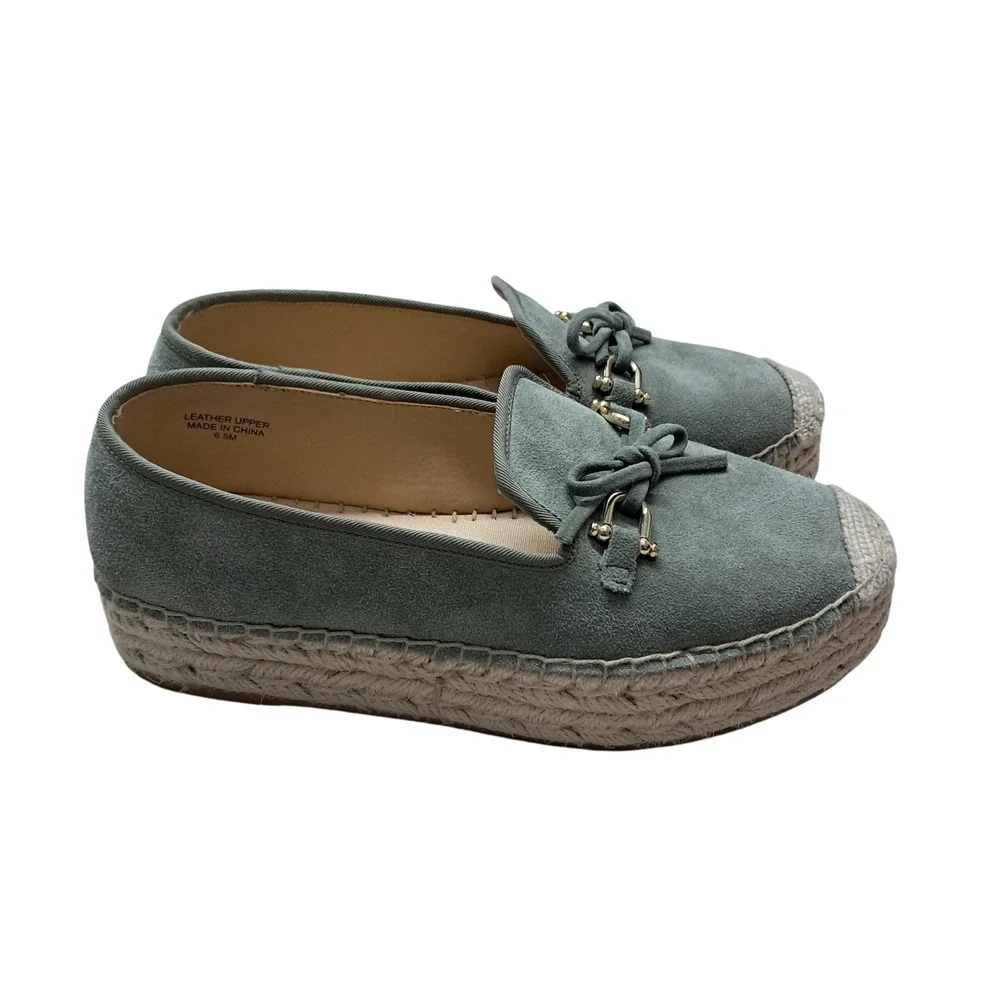 Talbots Quinn Bow Suede Platform Espadrilles Women's 6.5 Sage Green Leather‎